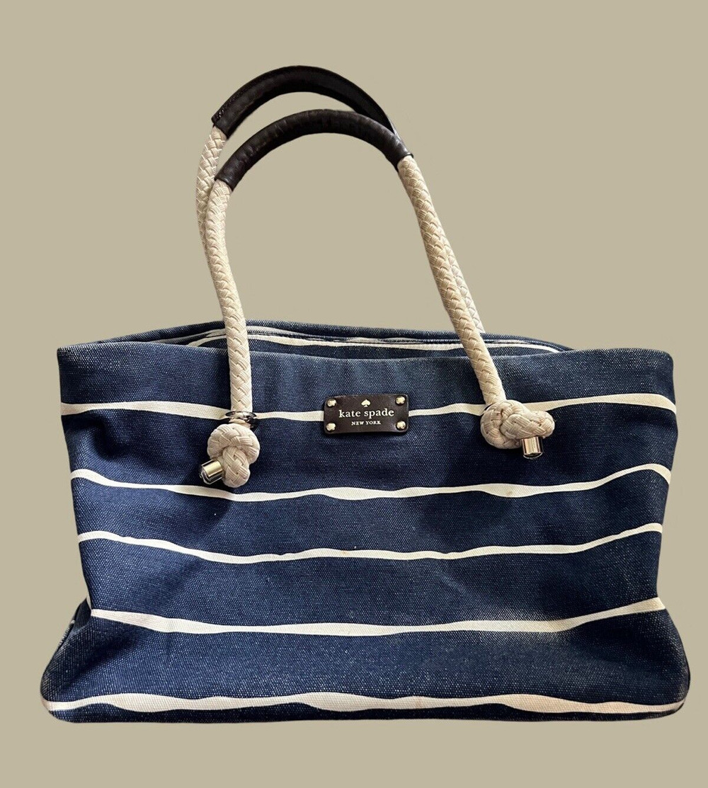 KATE SPADE NEW YORK Striped Canvas Tote Purse, Navy Blue